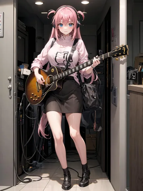 ((masterpiece,best quality))1girl, solo, blue eyes, electric guitar, guitar, headphones, holding, holding plectrum, instrument, long hair, music, one side up,pink hair, playing guiter, miniskirt, indoors,gigantic breasts,blush <lora:hitoriGotohBocchiThe_v1:1>