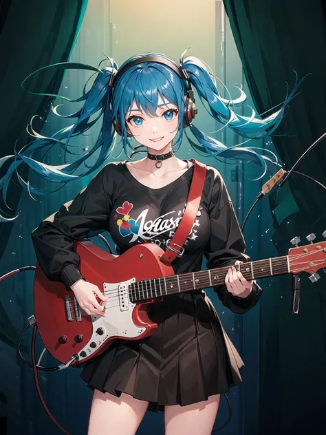 ((masterpiece,best quality))1girl, solo, black skirt, blue eyes, electric guitar, guitar, headphones, holding, holding plectrum, instrument, long hair, music, one side up, teal hair, twin tails, playing guiter, pleated skirt, black shirt, indoors,gigantic breasts,light smile,