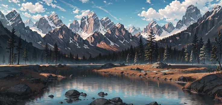 highres, absurdres, masterpiece, high quality, highly detailed, scenery of a mountain range, forest, nature, river