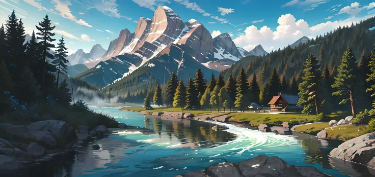 highres, absurdres, masterpiece, high quality, highly detailed, scenery of a mountain range, forest, nature, river