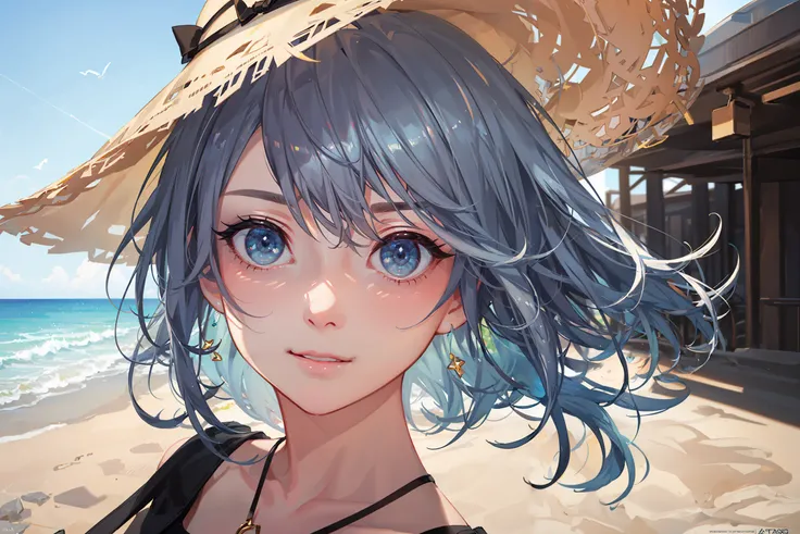 (masterpiece, finely detailed beautiful eyes: 1.2), (light-blue hair:1.2), (Zaffre eyes color:1.1), long hair, straight hair, (black tank top:1.2), realistic lighting, beautiful lighting, raytracing, photorealistic, (hyperrealistic:1.2), highres, 4k, 8k, (extremely detailed CG, 8k wallpaper:1.1), extremely detailed, sharp, digital illustration, detailed, realism, beautiful face, highly detailed face, ultra-realistic, masterpiece, detailed eyes, hyper-detailed, volumetric lighting, realistic shadows, intricate details, small details, cheerful, smile, (white hat:1.2), silver_necklace, high heels, (on the beach:1.2),