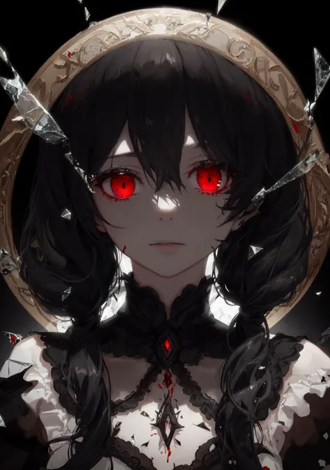 (masterpiece, best quality, ultra-detailed, best shadow), (detailed background,dark fantasy), (beautiful detailed face), high contrast, (best illumination, an extremely delicate and beautiful), ((cinematic light)), colorful, hyper detail, dramatic light, intricate details, (1 girl, solo,black hair, sharp face,low twintails,red eyes, hair between eyes,dynamic angle), blood splatter, swirling black light around the character, depth of field,black light particles,(broken glass),magic circle,
