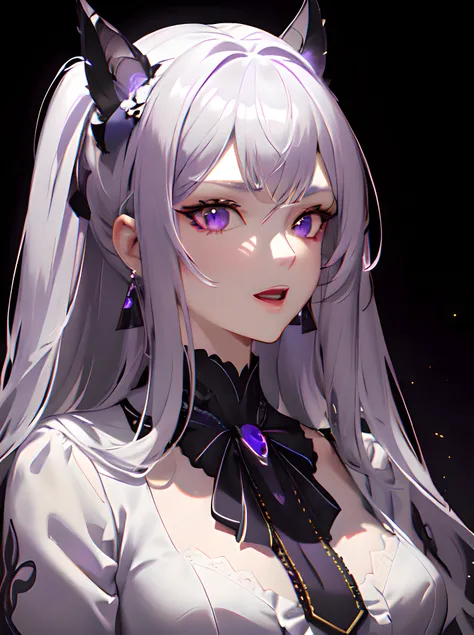 (masterpiece, best quality, ultra-detailed, best shadow), hyper detail,best illumination,8K, long hair,shiny hair,(hair flaps),purple eyes,:d,white hair,shaded face,collared dress,sparkling eyes,kanzashi, close-up, trending on ArtStation,