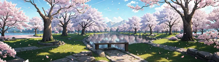 masterpiece:1.3, high quality:1.4, high detail:1.4, realistic, no human, no humans, sakura tree, cherry blossoms, lake, flower petals, wind, sun rays, illumination, hdr, 4k, octane, stone path,