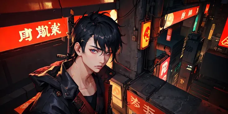 (1boy), (samurai in a cyberpunk city), masterpiece, best quality, extreme detailed background, cyberpunk, neon signs,high tech, futuristic ,view from above, illustration, long hair, absurd res
