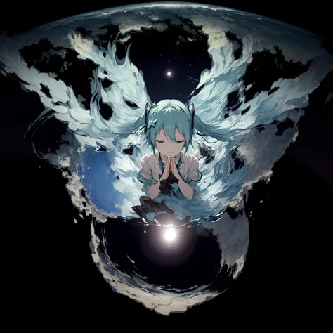 hatsune miku, (flat color:1.2),(look at the viwer:1.3), universe, night, (Highest picture quality), masterpiece, (lens flare), floating water, (earth),fisheye,detailed beautiful eyes, (from above:1.2), praying, closed eyes, smile,