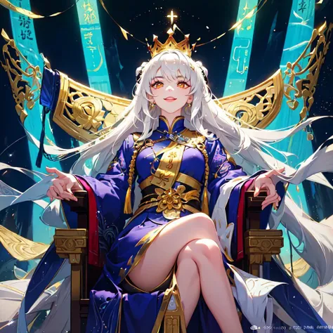 (Masterpiece:1.2), best quality, (illustration:1.2), (ultra-detailed), hyper details, (delicate detailed), (intricate details), (cinematic light, best quality Backlights), clear line, from below, solo female, perfect body, (1girl), white hair, glowing yellow eyes, (emperor, black see-through clothes),(crown:1.1), sitting on Throne, (jitome), looking downward, turn head, ( shy:1.2), ((makeup)), high contrast, (best illumination, an extremely delicate and beautiful), ((cinematic light)), colorful,(crossed legs:1.2),(evil smile), <lora:fashionGirl_v53:1>