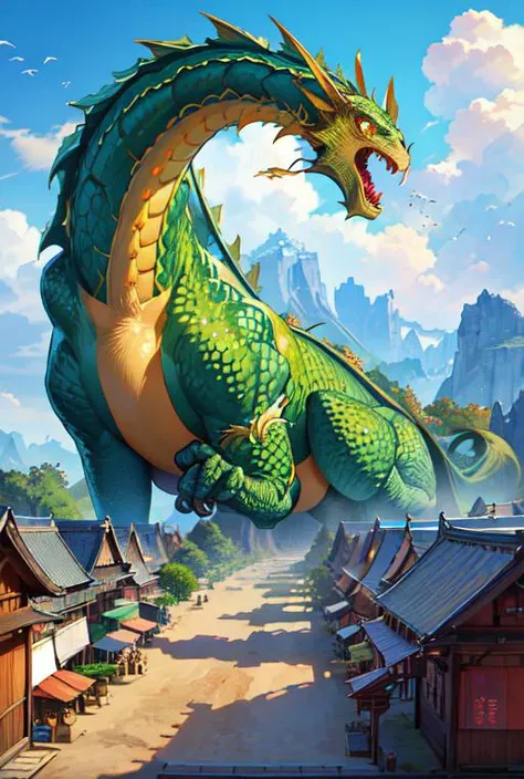 fantasy, intricate background details, (masterpiece, ultrahighres, best quality: 1.5), CG, 8k, wallpaper ADDCOMM
blue sky ADDCOL
(japanese green dragon), (yellow eyes), mountain, monster ADDCOL
blue sky ADDROW
(japanese village, street stalls)
