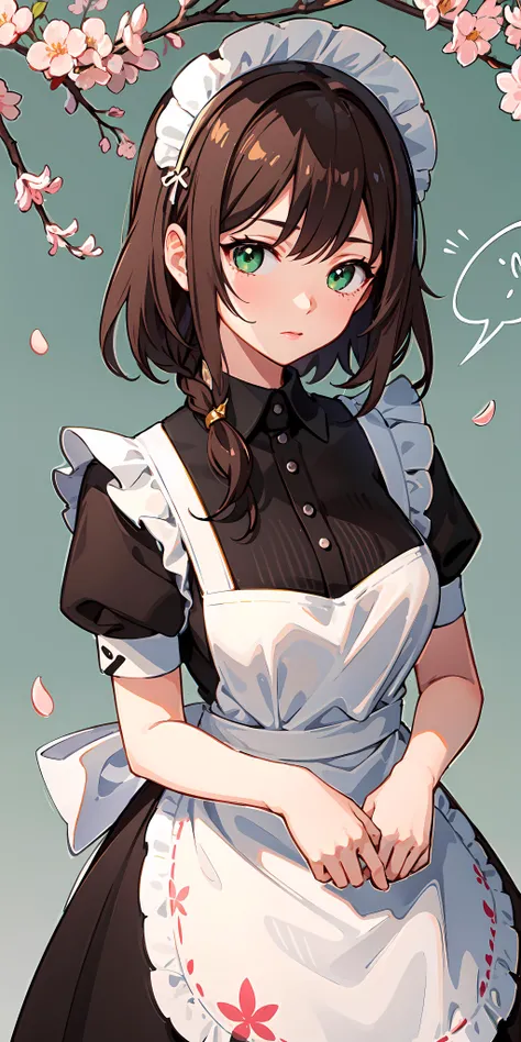 1girl, brown hair, multicolored hair, green eyes, maid, maid headdress, maid apron, cherry blossoms, sunbeam, wallpaper,