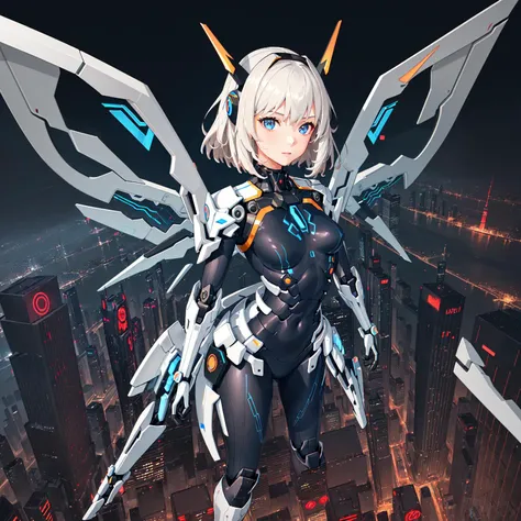 (a girl in a high tech body suit flying through a futuristic city:1.5), (futuristic city:1.5), visor, headgear, (small mecha wings:1.5), masterpiece, ultra detailed CG, hyper intricate fine detail, 8K wallpaper, (perfect female figure:1.5), huge natural breasts, perfect face, detailed eye description, narrow waist, seductive posture, alluring, clean, beautiful face, pure face, skindentation,