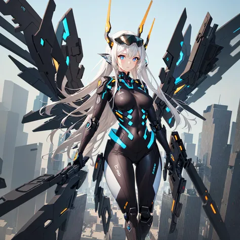 ((a girl in a high tech body suit flying through a futuristic city)), (futuristic city), (visor), headgear, (small mecha wings), masterpiece, ultra detailed CG, hyper intricate fine detail, 8K wallpaper, ((perfect female figure)), huge natural breasts, detailed eye description, narrow waist, clean, skindentation, long hair,