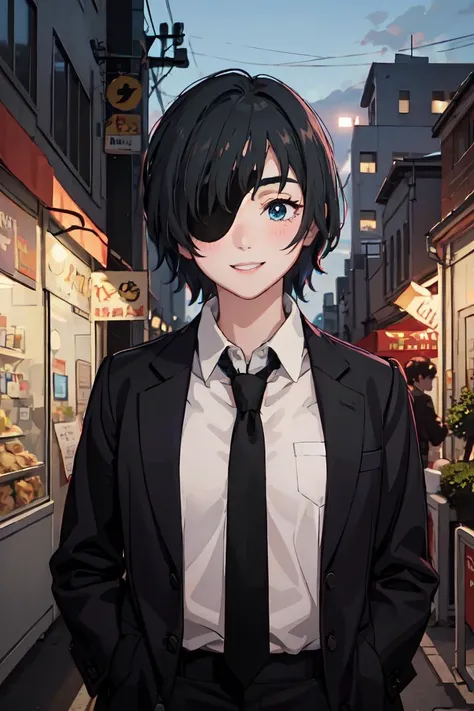 <lora:himenoChainsawMan_himenoChainsawMan:1>right eye mask, cute, selfie, white shirt, tie, black suit, small chest, dynamic angle, solo, 1girl, black hair, white shirt, 1 girl, very slim, detailed beautiful skin, pink on face, (blush), young girl, street background, at night, smile, teeth, (best quality:1.0), (ultra highres:1.0),<(realistic:1.3), intricate details>, hands behind back posture, hand in pocket
