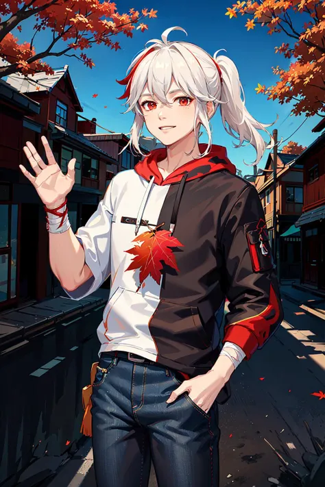 (masterpiece), (best quality), (ultra detailed), high contrast, colorful, 1boy, (smiling), red eyes, white hair, red hair, multicolored hair, ponytail, ((black hoodie, hoodie, red print, white detail, (graphic hoodie) black and red hoodie, casual clothing, graphic print, printed sleeves)), tan, black, ((bandages)), asymmetric hair, looking at viewer, standing, ((denim pants, jeans)), street in background, (maple trees), upper body, streetwear, ((maple leaves)), blush, walking, ((waving)), (hand up), close up, sidelighting, light particles, wallpaper, outside, portrait, (sky), day
<lora:kazuhaOfficialCostumeGenshin_v10:0.7>