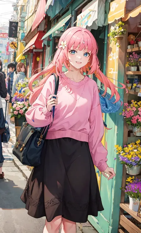 ((masterpiece)), (best quality:1.7), (detailed:1.4), (high res:1.4), 8k, (colorful:1.5) nilou (genshin impact), wearing pink sweater, walking on the street, flower store, people