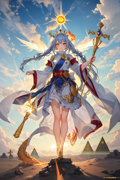 1girl, sun empress, pyramid backgrounds, holy sun staff, phoenix dragon in sky, highly saturating sunbeams, holy ceremony,