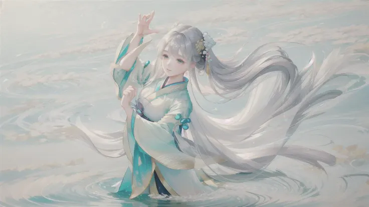 <lora:elegantHanfuRuqun_v10:0.2>, <lora:pastelMixStylizedAnime_pastelMixLoraVersion:0.3>,low saturation color hanfu,22 years old girl,chignon or long or ringlets hair,oval face,decorations,jewelry,oriental,(ethereal),hazy,misty,atmosphere,water,graceful,elegant,(attack),pose,minimal,((wuxia)),((fine finger)),ripples, splashes