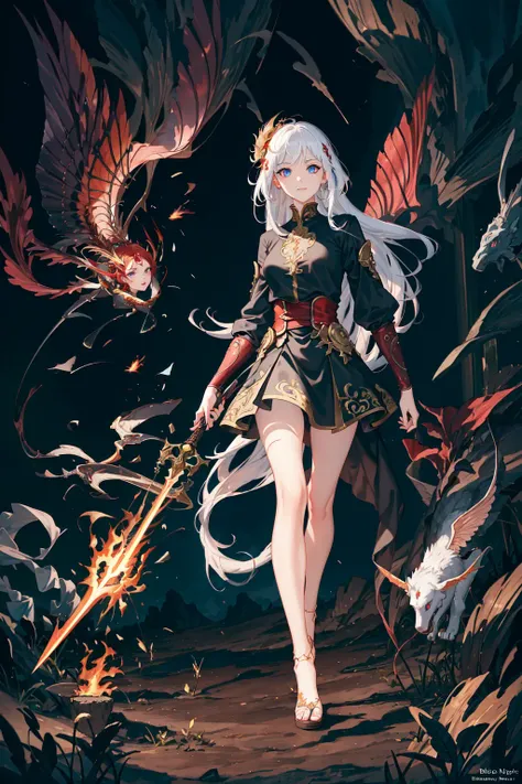 (best quality) (masterpiece), (detailed background, fantasy world),(beautiful detailed face:1.5),bleeding eyes
dragon, smoke, flames, sparks, flying debris, intense action,
1girl,full body red armor ,walking ,looking at viewer,handed sword,full body beautiful, white hair, sharp face,floating hair, blue eyes, dynamic angle,blood splatter, sunrise,