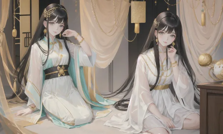 <lora:elegantHanfuRuqun_v10:0.3>, <lora:pastelMixStylizedAnime_pastelMixLoraVersion:0.5>,oval face,pale oliver chinese clothe,long black hair,bangs,25 years old girl,bracelet,earrings,necklace,hair ornament,sitting,crystal-clear shining eyes