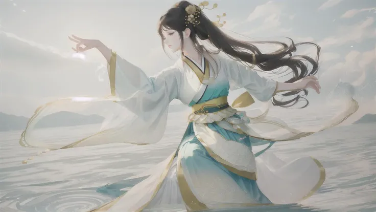 <lora:elegantHanfuRuqun_v10:0.2>, <lora:pastelMixStylizedAnime_pastelMixLoraVersion:0.3>,low saturation color hanfu,22 years old girl,chignon or long or ringlets hair,oval face,decorations,jewelry,oriental,(ethereal),hazy,misty,atmosphere,water,graceful,elegant,(attack),pose,minimal,((wuxia)),((fine finger))