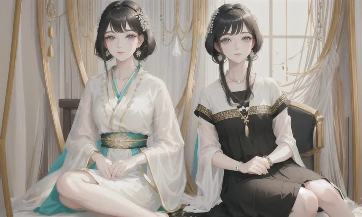 <lora:elegantHanfuRuqun_v10:0.5>, <lora:pastelMixStylizedAnime_pastelMixLoraVersion:0.7>,oval face,pale oliver or black or white chinese clothe,chignon or long or palit black hair,bangs,25 years old girl,bracelet,earrings,necklace,hair ornament,sitting,crystal-clear shining eyes