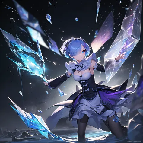 ((best quality)), ((masterpiece)), illustration, (detailed), isometric, (hexagon:1.2), (sharp:1.1), <lora:remReZero_v1:0.8> 1girl, rem, rem (re:zero), cute, captivating pose, (light blue hair:1.1), short hair, (hair over one eye:1.1), blue eyes, medium breasts, roswaal mansion maid uniform, (white pantyhose:1.1), x hair ornament, purple hair ribbon, expressionless, legs apart, cowboy shot, (looking at viewer:1.2), arms at sides, close-up, blood, fight, fighting, night, purple aura, purple glow, death, destruction, epic, cinematic, dramatic, reflective, shining, falling snow, floating ice crystals, flying ice shards, magic, spell, particle effects, Tindal effect, (Balance and coordination between all things), fantasy, unreal, dream, (high-resolution:1.2)