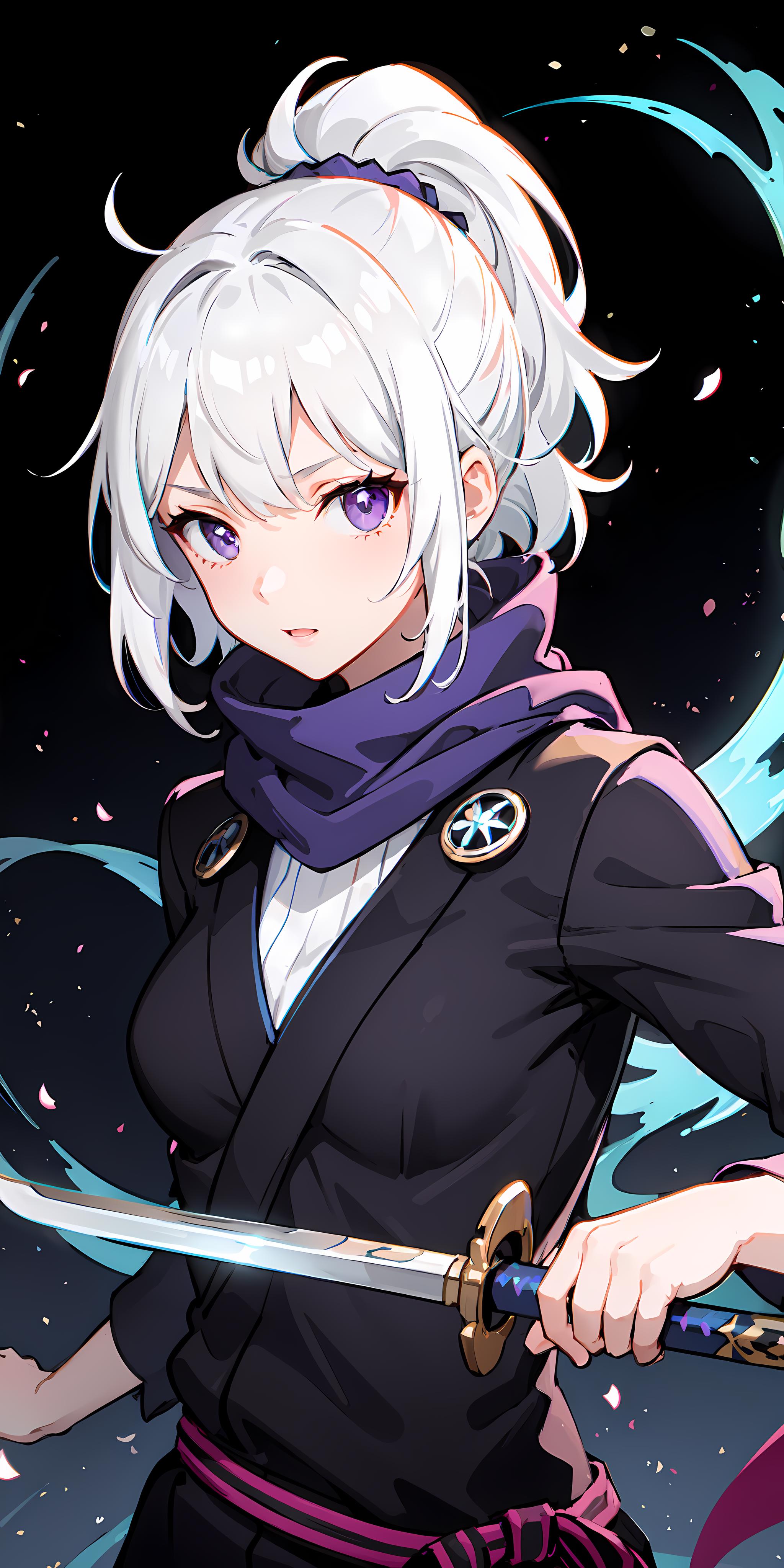 Anime girl with white hair and a sword in her hand - SeaArt AI