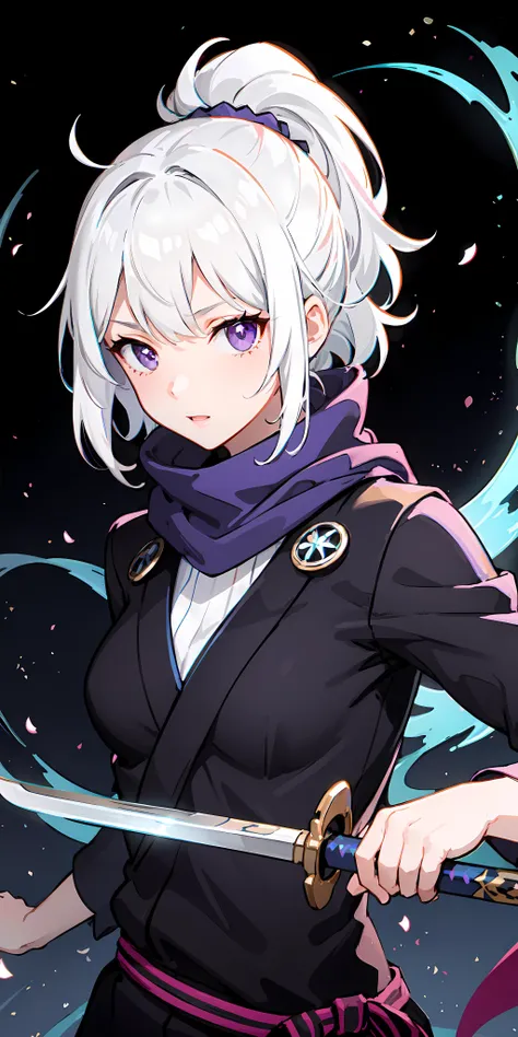 upper body, 1girl, white hair, ponytail, purple eyes, (ninja), short sword, medium breats ,scarf, wallpaper, magic circle background, light particles, blue fire,