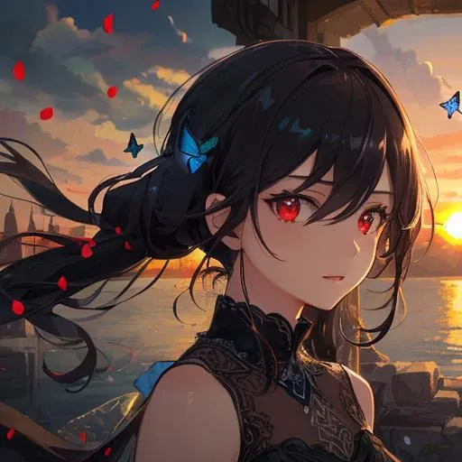 (masterpiece, best quality, ultra-detailed, best shadow), (beautiful detailed face), high contrast, (best illumination, an extremely delicate and beautiful), ((cinematic light)), colorful, hyper detail, dramatic light, intricate details, (detailed background,mid shot, full body, butterflies, flowers,floating petal,stone fragment, beautiful detailed water,cloud,sun,dusk,sunset,beautiful detailed gate ),(1 girl, solo,black hair, sharp face,low twintails,red eyes, hair between eyes,dynamic angle),