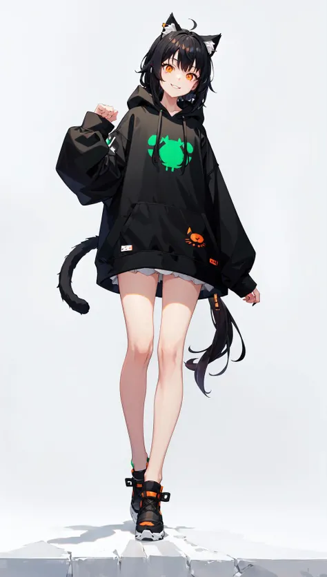 (vtubermodel:1.2) fullbody , 1girl, with black hair and orange eyes, smiling , (green hoodie:1), fluffy cat ears, fluffy cat tail , high quality , extra detailed , rendered, sharp face, symmetrical , facing viewer ,A-pose, (white background:1.5), looking at viewer <lora:vtubermodel_2700_lora:1.2>