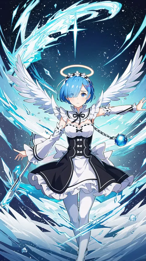 masterpiece, best quality, ultra-detailed, illustration, epic lighting, cinematic composition, colorful, anime, 2d, isometric, (sharp:1.1), <lora:remReZero_v1:0.8> 1girl, rem, rem (re:zero), 1girl, cute, medium breasts, (light blue hair:1.1), short hair, (hair over one eye:1.3), blue eyes, roswaal_mansion_maid_uniform:1.1, detached sleeves, white apron, white pantyhose, cowboy shot, close-up (legs apart:1.1), looking at viewer, (spread arms:1.2), halo, godly, holy, (rich in details), masterpiece, Tindal effect, (Balance and coordination between all things), holdings chains, flowing chains, ice crystals, floating ice, particle effects, (8k:1.1) <lora:animeTarotCardArtStyleLora_v31:0.2>