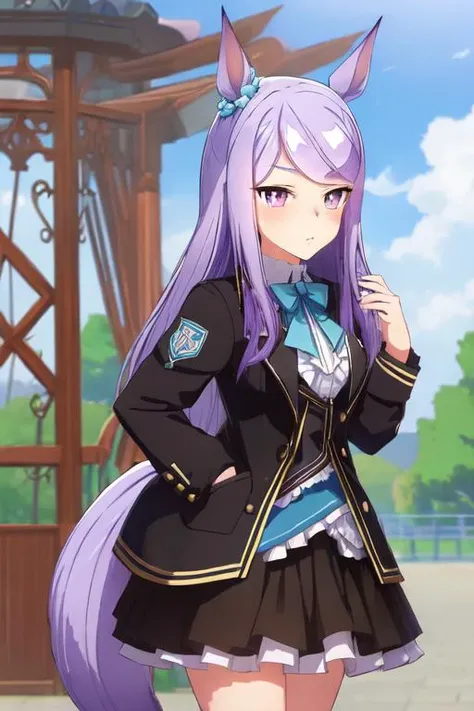 mejiromac,1girl, purple hair,horse tail,midum hair,<lora:test:0.7>,high quality,black jacket, skirt,expressionless,blue sky background