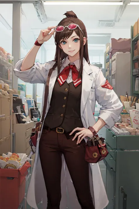(masterpiece, best quality:1.2), <lora:aa_emaskye-10:0.8>, cowboy shot, solo, 1girl, ema skye, smile, looking at viewer, tinted eyewear on head, open clothes, labcoat, green vest, red bow, brown pants, wristband