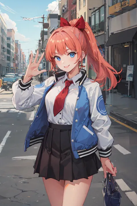 (masterpiece, best quality:1.2), <lora:rcg_kyoko-10:0.8>, cowboy shot, solo, 1girl, kyoko \(rcg\), smile, looking at viewer, waving, letterman jacket, red necktie, pleated skirt, day, blue sky, cityscape, sidewalk, street