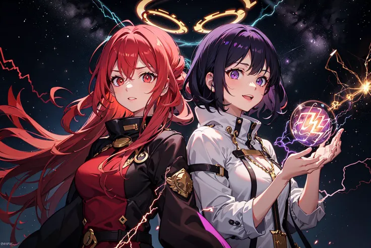 (2girls), highres, highest quallity, ultra detailed, (masterpiece), (red hair, gold eyes), symbol shaped pupil, goddess,(red electricity:1.5), (red halo, red halo), (high contrast), evil, crazy, powerful, meteor, gravity, space, supernova, comet, magetic, magic
AND (2girls), mature female, highres, highest quallity, ultra detailed, (masterpiece), (black hair:1.1, golden eyes:1.2), goddess, (purple electricity:1.5), (halo), (high contrast), evil, crazy smile, powerful, meteor, gravity, space, comet, magetic