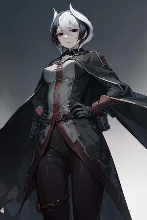 (masterpiece, best quality:1.2), <lora:mia_ozenv2-10:0.8>, from below, solo, 1girl, ozen, expressionless, closed mouth, looking at viewer, hands on hips, black jacket, cape, black pants, black gloves