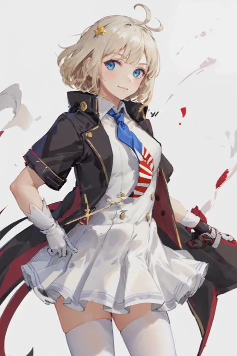 (masterpiece, best quality:1.2), <lora:gfl_m1911-10:0.8>, cowboy shot, solo, 1girl, gfl-m1911, smile, closed mouth, looking at viewer, jacket, open jacket, short sleeves, white shirt, striped necktie, white skirt, white thighhighs, white gloves