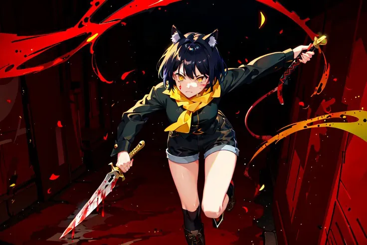 ((masterpiece, best quality, high contrast colored illustration)), (solo gripping a bloody dagger assassin black cat girl is running with red neon curved lines in the traditional town:1.5, black cat ear and red inner black color short cut hair cute amber yellow eyes serious face:1.5), black hot pants, leather knee pads, cloth elbow pads, cloth armor, short bloody red neck scarf, combat boots