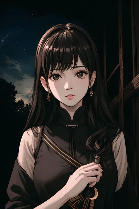 (best quality), ((masterpiece)), (highres), illustration, original, extremely detailed wallpaper, cinematic lighting,extremely detailed CG unity 8k wallpaper,cinematic highlight hair,studio photography, 1girl,shuicai, colorful ,beautiful detailed tree,High Contrast , beautiful detailed sky, crescent, <lora:WaterColorsMix_v10:0.25>