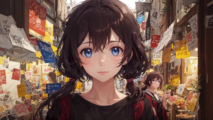 1girl, solo, nonaka nana, low_twintails, blue eyes, brown hair, portrait, jacket, t-shirt, medium_breasts, sky, night, market:1.5, messy, people, shop, street light, dramatic lighting
, {detailed clothing}, {detailed body}, {correct body anatomy}, {extremely beautiful and delicate anime face and eyes}, {minute details}, {intricate details}, {delicate}, (masterpiece), (best quality), (wallpaper), (8k hd)