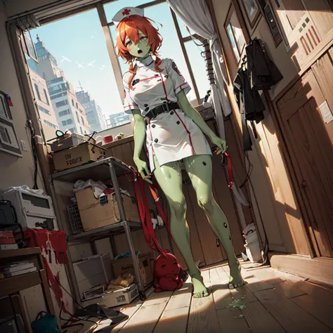 1girl, solo, full body, cute, sexy, (pussy juice:1.3), abandoned, nurse uniform, hospital, indoors, dutch angle, corruption,(zombification:1), (perspective:1.1), side on
BREAK standing, feet up, (slouching:1.25), walking, (ginger hair:1.4), messy hair, no shoes, pantyhose, open clothes, breasts, pussy, (empty eyes, grey eyes, no pupils, blank eyes:1.5), bondage
BREAK (green skin, grey skin, colored skin:1.5), (ahegao:1.2), (expressionless:1.1), open mouth
BREAK (best quality, masterpiece:1.25), (realistic:0.75), woman named Serenity Saylor, horror, atmospheric, monster girl