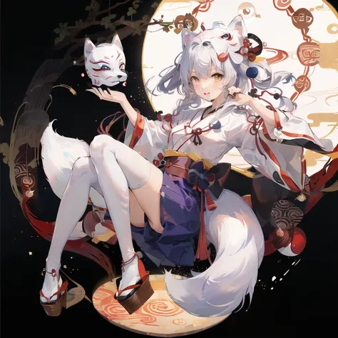 ((hires, solo trademark pose full length)), (short twin tail white color hair cute yellow eyes, white tshirt:1.5, paper talismans picking hands:1.5, long  purple traditional hakama skirt:1.5, white stockings and black geta clogs legs, Japanese exorcist girl calling divine spell with dancing Japanese paper talismans) BREAK (hires, traditional Japanese fox mask:2.0, yin-yang circle:1.5, blue pentagram circle:1.5, seven fox-tails:1.5), Japanese night city outdoors