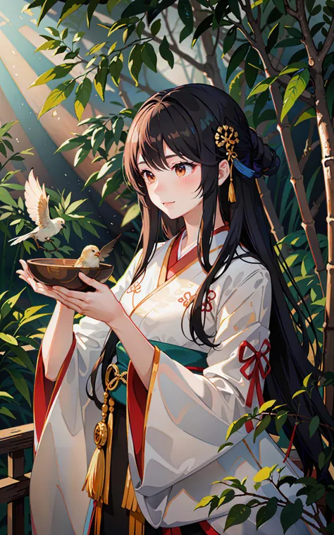 ((masterpiece,best quality)), 1girl, long hair, smile, blush, (hanfu), bird on hand,  bamboo, bamboo forest, sunlight,