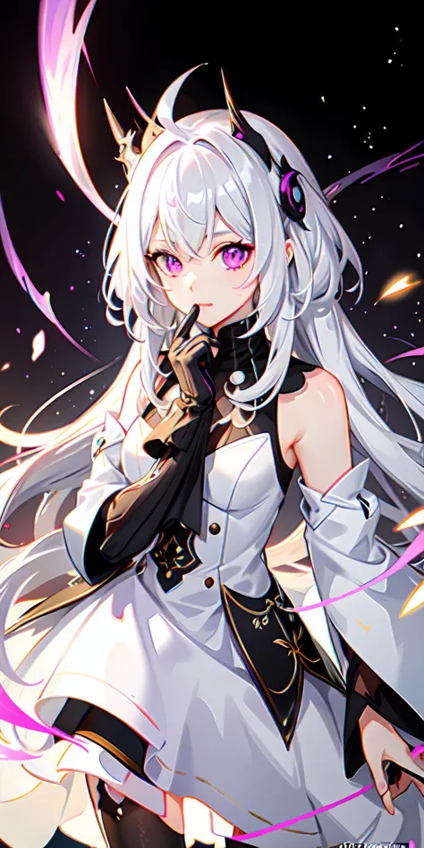 1girl, white hair, multicolored hair, purple eyes, mask on head, sidelighting, light particles, wallpaper,