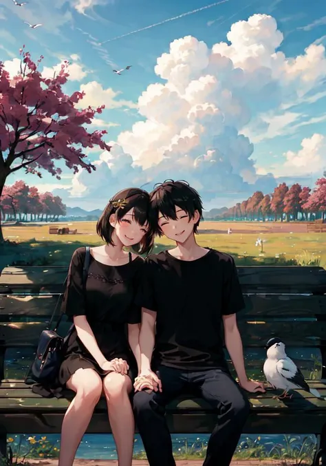 (masterpiece:1.3), best quality, official art, 1girl, 1boy, (cute:1.3), sitting on a park bench, (holding hands), smiling, blushing, (bright), (:D:0.6), sun light, cumulonimbus clouds, birds