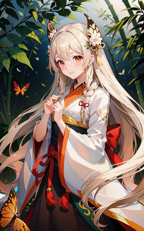 ((masterpiece,best quality)), 1girl, long hair, smile, blush, (hanfu), bird on hand, bamboo, bamboo forest, sunlight,