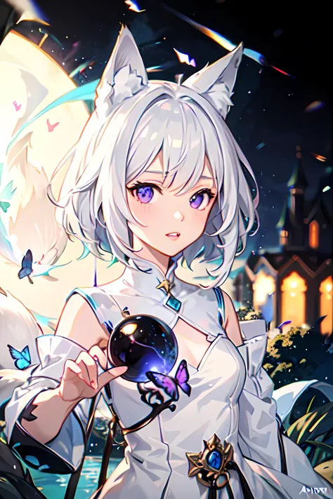 (blurry background:1.7), (castle:1.4), starry sky, motion blurry, motion blur, upper body, 1girl, white hair, purple eyes, ninja, holding purple crystal, fox shadow puppet, surrounded by swirling blue dragon and cloud, light particles, light swirls, wallpaper