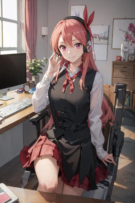 (masterpiece, best quality:1.2), <lora:agk_charpack-10:1>, solo, 1girl, chelsea \(akame ga kill!\), smile, looking at viewer, headphones, black vest, white shirt, neck ribbon, long sleeves, plaid skirt, bedroom, computer, monitor, keyboard