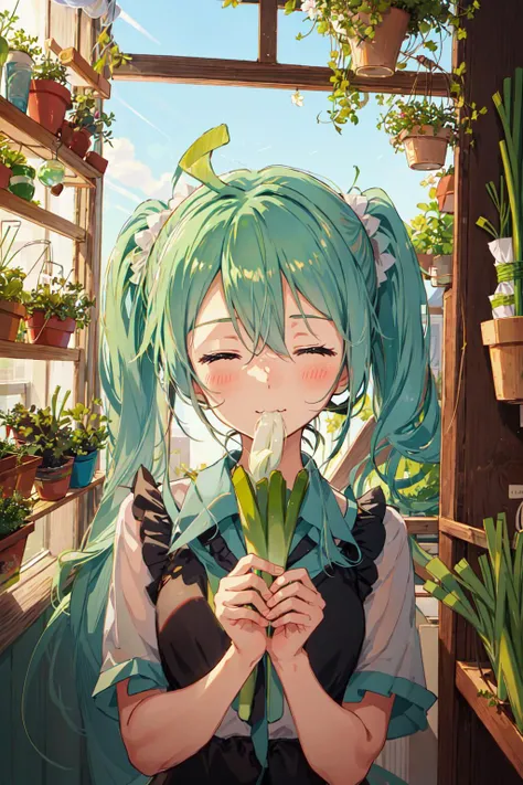 hatsune miku, ((spring onion)), holding spring onion, greenhouse, sparkling eyes, eating, closed eyes, blush, happy,