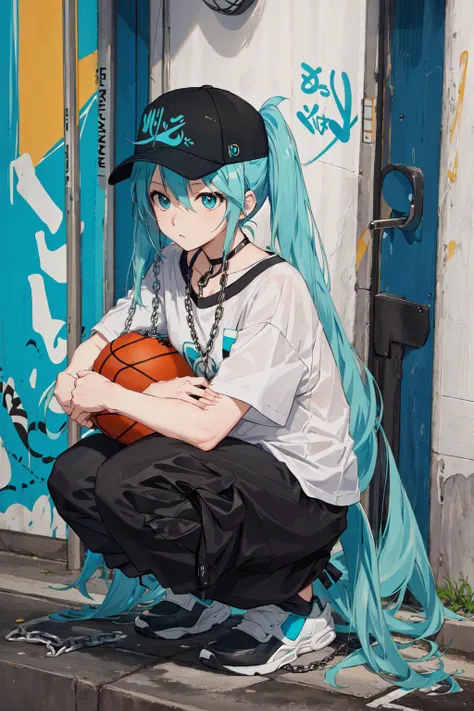 hatsune miku, street, shirt, pants, squatting, graffiti, baseball cap, basketball, staring, disgust, chain,