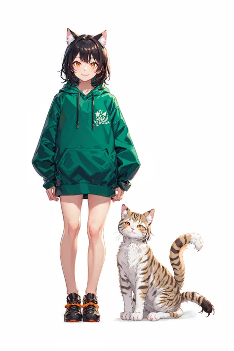(vtubermodel:1.2) fullbody , 1girl, with black hair and orange eyes, smiling , (green hoodie:1), fluffy cat ears, fluffy cat tail , high quality , extra detailed , rendered, sharp face, symmetrical , facing viewer ,A-pose, (white background:1.5), looking at viewer <lora:vtubermodel_2700_lora:1.2>